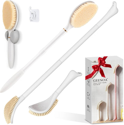 New Foot Brush with Adjustable Long Handle, 3-in-1 Foot Scrubber for Wet or Dry Brushing, 10.2’’- 27.5’’ Foot Scrub Brush for Senior, Pregnant, Disabled, or Injured, Gift-Box Packed(White)
