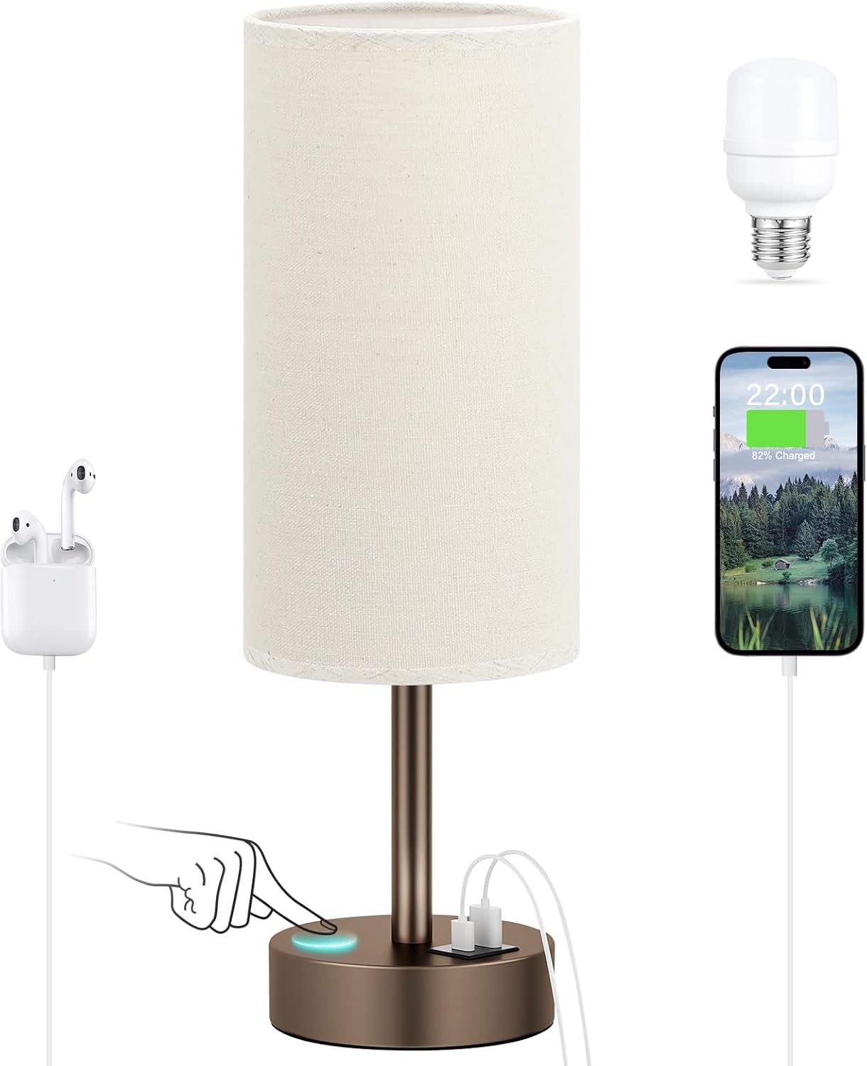 Dicoool Touch Bedside Table Lamp with USB - 3 Way Dimmable Wood Lamp for Bedroom Nightstand, Desk Lamp with Charging Station for Dorm, Living Room, Office, Kids Room, Small, 14in