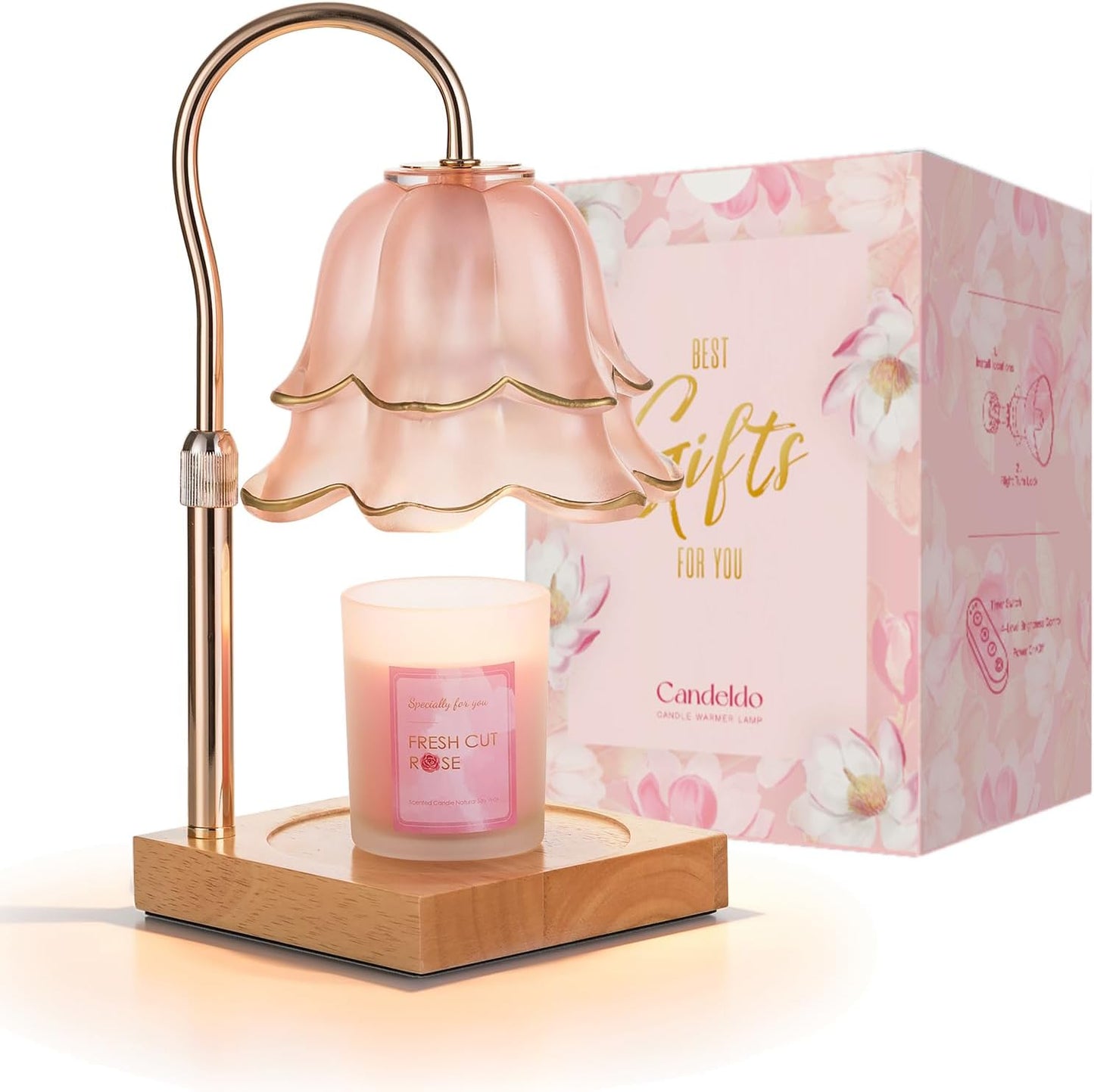 Candeldo Candle Warmer Lamp with Timer: Flower Gold Candle Lamps Height Adjustable Wax Melt House Warming Gifts New Home Decor Mothers Day Birthday Gift for Women Mom