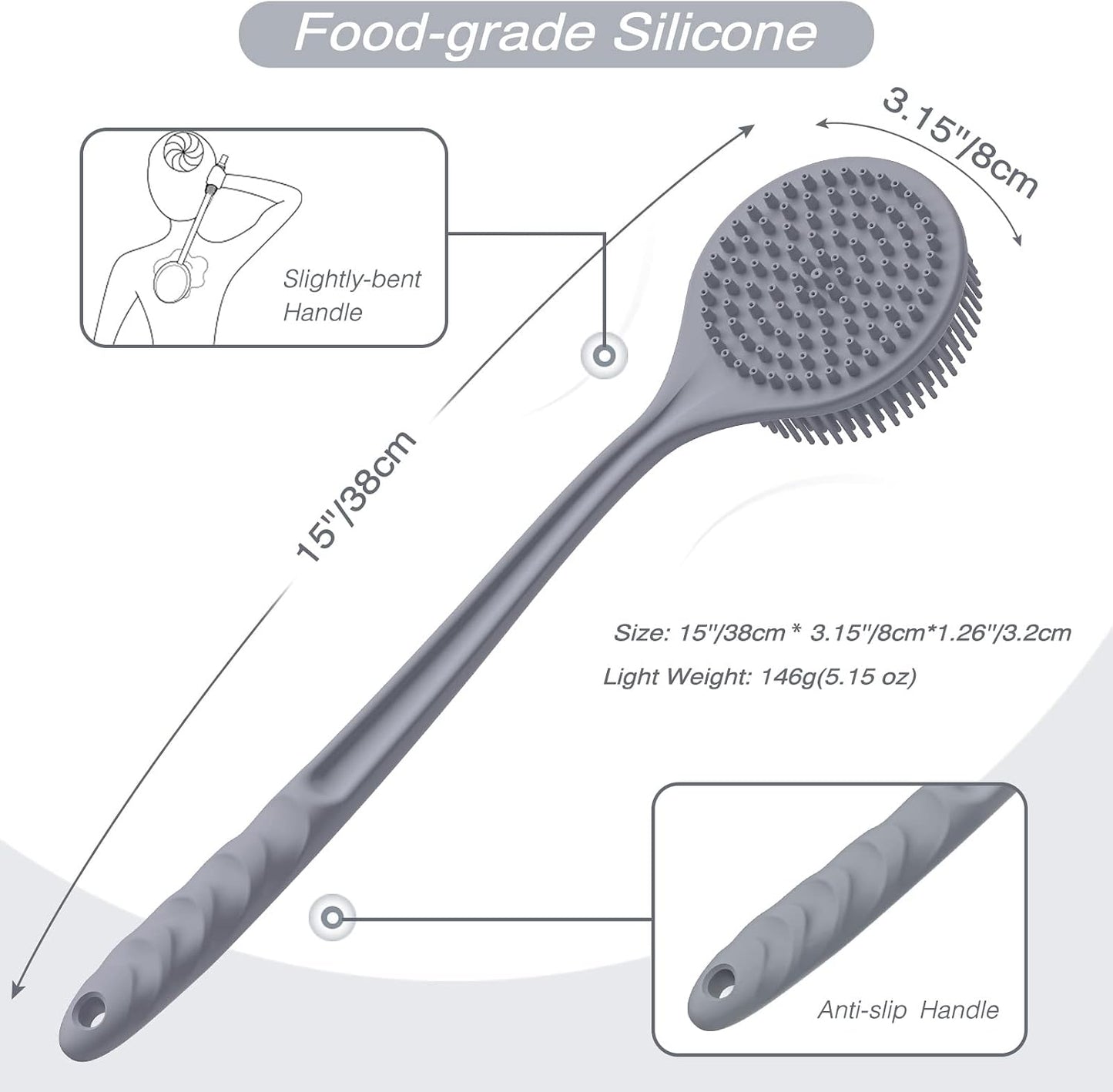 Manmihealth Silicone Back Scrubber (Thick Bristles) & Bath Glove & Face Brush Set (3PCS), Super-Exfoliating & Lathering Body Scrubber, Shower Brush, Face Scrubber Combination, with a Free Hook (Black)