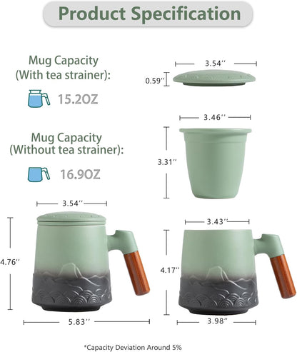 ZENS Embossed Ceramic Tea Mug with Infuser and Lid, 14.5 oz Wooden Handle, Loose Leaf Tea Steeper Cup & Strainer for Tea Lovers Gifts