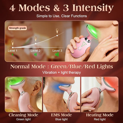 Face and Neck Massager, Facial Sculpting Tool with Smart Vibration, Red-Light and EMS Modes, Heat Gua Sha Facial Tools for Women Daily Home Use (Pink)