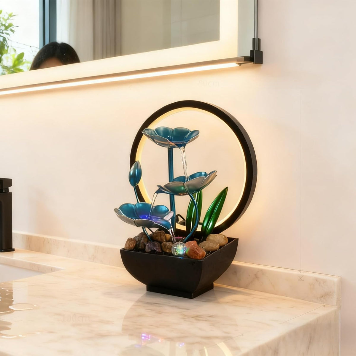 AOZITA Tabletop Fountain, Indoor Waterfall Fountain, Small Home Décor Zen Relaxation Soothing Sound Machine for Office, Living Room, or Bedroom,Blue Metal Lotus with Bud, River Rocks,Round LED