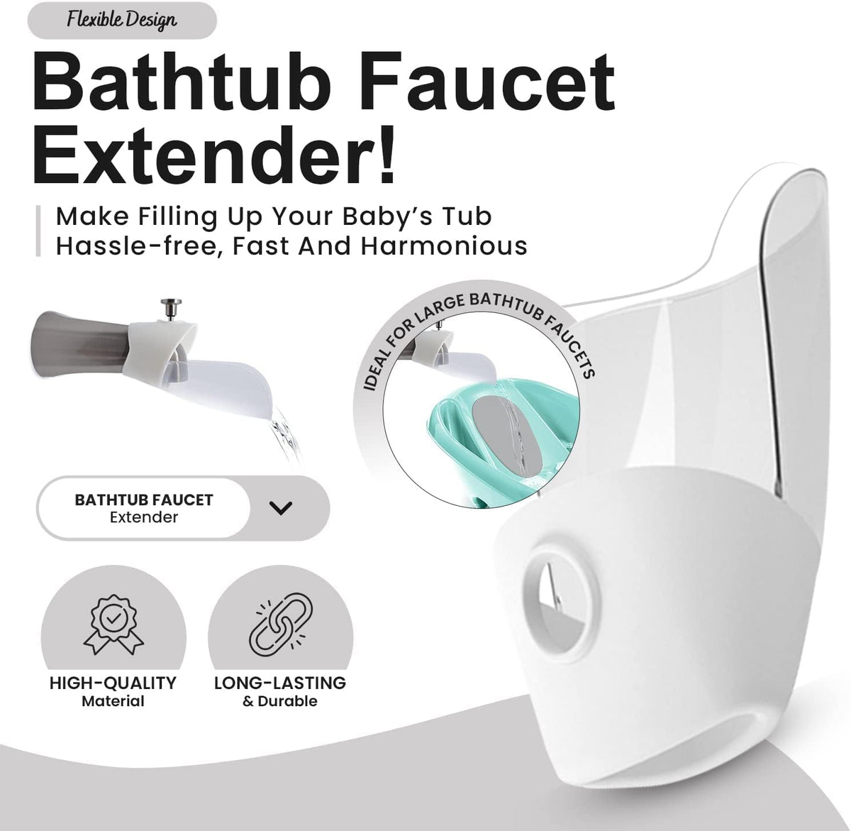 Bath Helper - Bath Tub Faucet Extender - Guides Water Directly from Faucet to Baby Bath Tub Without Excessive Water Waste and Splashing (Clear White)