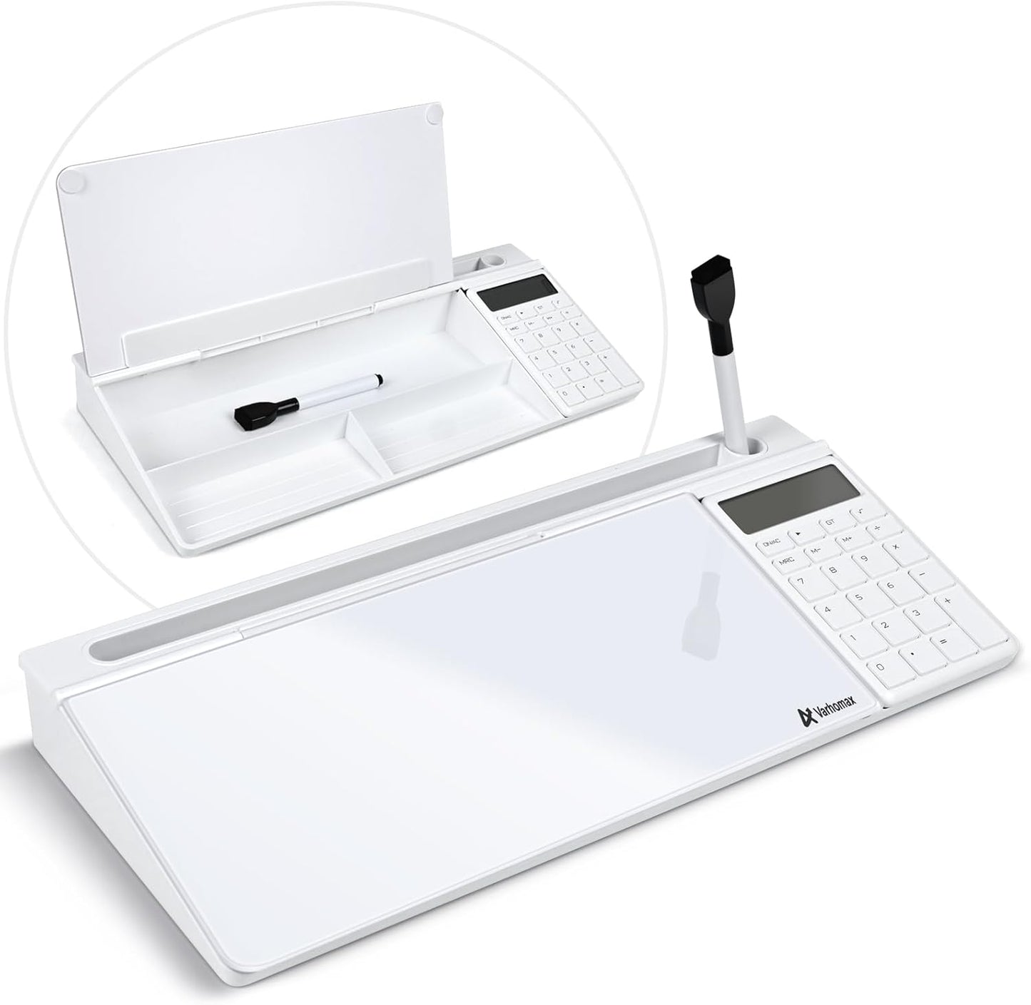 Varhomax Glass Weekly Dry Erase Desk White Board, Desktop to Do List Planner Whiteboard Calendar with Storage Caddy Memo for Home and Office, White