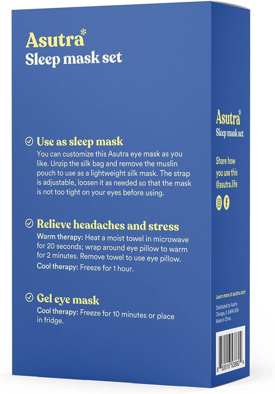ASUTRA Silk Eye Pillow for Sleep, Black - Filled w/Lavender Buds & Flax Seeds, Weighted Eye Mask, Meditation & Light Blocking Blindfold, Cooling Gel Mask Included