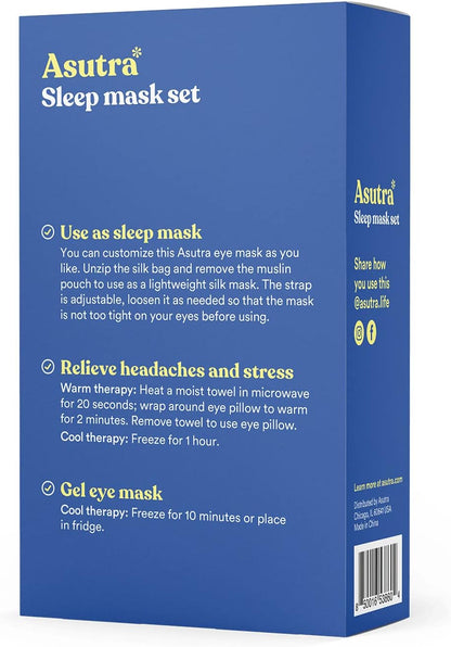 ASUTRA Silk Eye Pillow for Sleep, Black - Filled w/Lavender Buds & Flax Seeds, Weighted Eye Mask, Meditation & Light Blocking Blindfold, Cooling Gel Mask Included