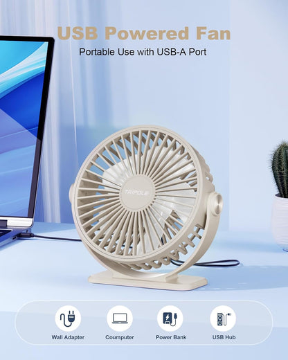 TriPole Desk Fan USB Powered Small Portable Fan, 3 Speeds Adjustable Strong Breeze Mini Personal Fans, 360° Rotation Quiet Plug In USB Fans for Desktop Bedroom Office Table Travel, Black, 4.9ft Cable