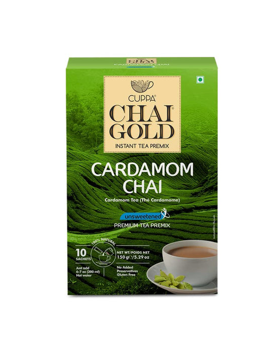 Cuppa Chai Gold Cardamom Chai Instant Tea Premix Unsweetened, No Added Sugar, Rich Cardamom Flavor Tea Beverage Mix, Just Add Hot Water, Convenient Single-Serve Sachets for Home, Office & Travel, Pack of 1 (10 Count)