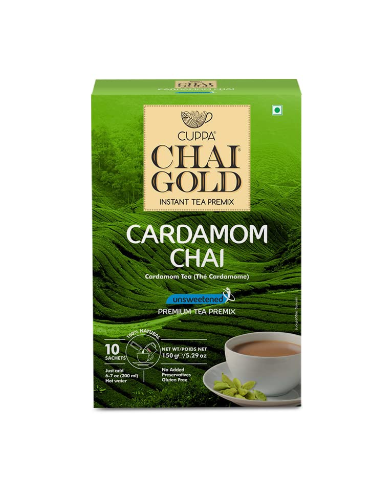 Cuppa Chai Gold Cardamom Chai Instant Tea Premix Unsweetened, No Added Sugar, Rich Cardamom Flavor Tea Beverage Mix, Just Add Hot Water, Convenient Single-Serve Sachets for Home, Office & Travel, Pack of 1 (10 Count)
