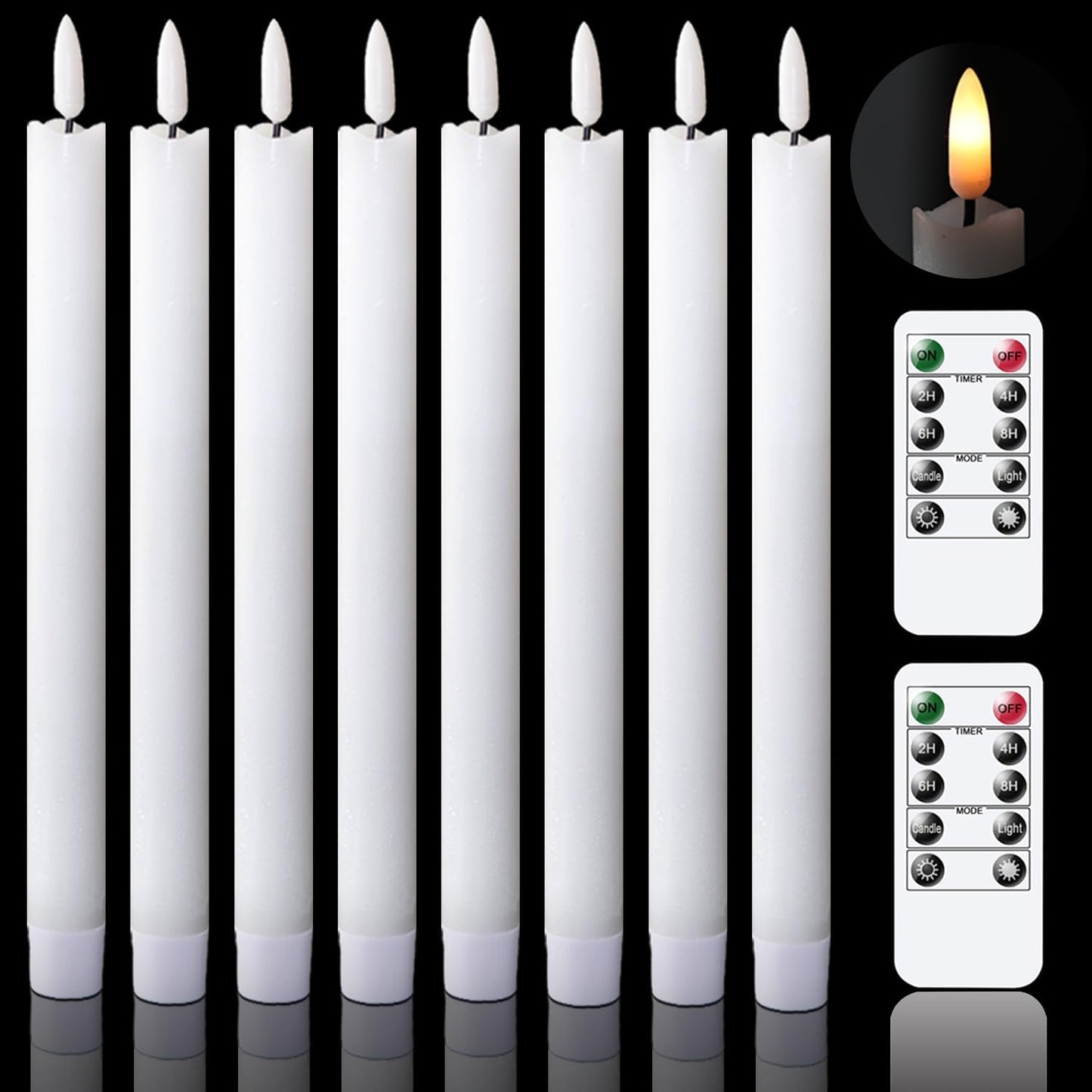 GenSwin Flameless Ivory Taper Candles Flickering with 10-Key Remote, Battery Operated Led Warm 3D Wick Light Window Candles Real Wax Pack of 6, Christmas Home Wedding Decor(0.78 X 9.64 Inch)