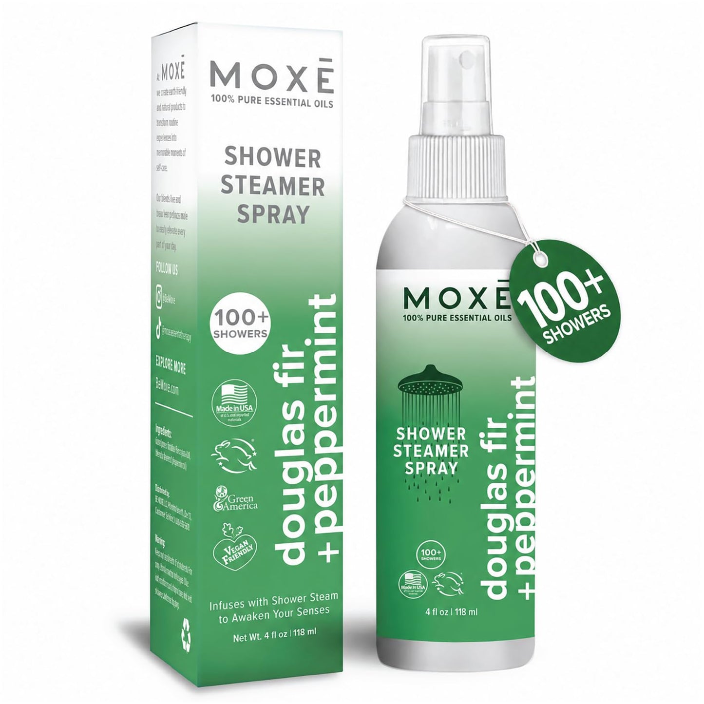 MOXĒ Eucalyptus Oil Shower Mist, Spa Steam Spray, Certified Natural 100% Essential Oils, Made in USA, Aromatherapy, Sinus Congestion Relief, Tension Relief, 4 Ounces