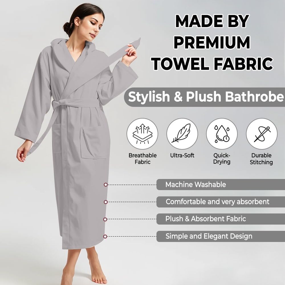 KAHAF COLLECTION Women Hooded 100% Cotton Terry Bathrobe, Soft Absorbent Quick Dry Robe for Spa, Shower & Home Wear