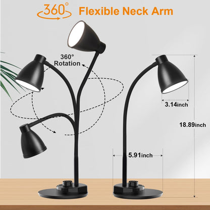 BOHON LED Desk Lamp with USB Charging Port 3 Color Modes Dimmable, Black | Reading Light Intelligent Induction Auto Dimming Task Lamp Neck Flexible Table Lamp for Bedside Office, AC Adapter Include