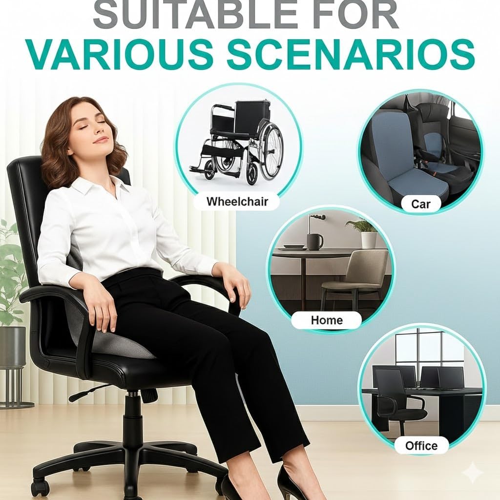 Ergonomic L-Shaped Memory Foam Seat Cushion with Lumbar Support, Designed to Help Relieve Tailbone, Coccyx & Lower Back Pain for Office,Truck, Car & Travel (Black)