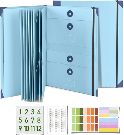 Important Document Organizer, File Folder with Labels and 12 Pockets, Expanding Storage Folder for Family Emergency Binder, Life Binder Organizer for Photos and Letters, Blue