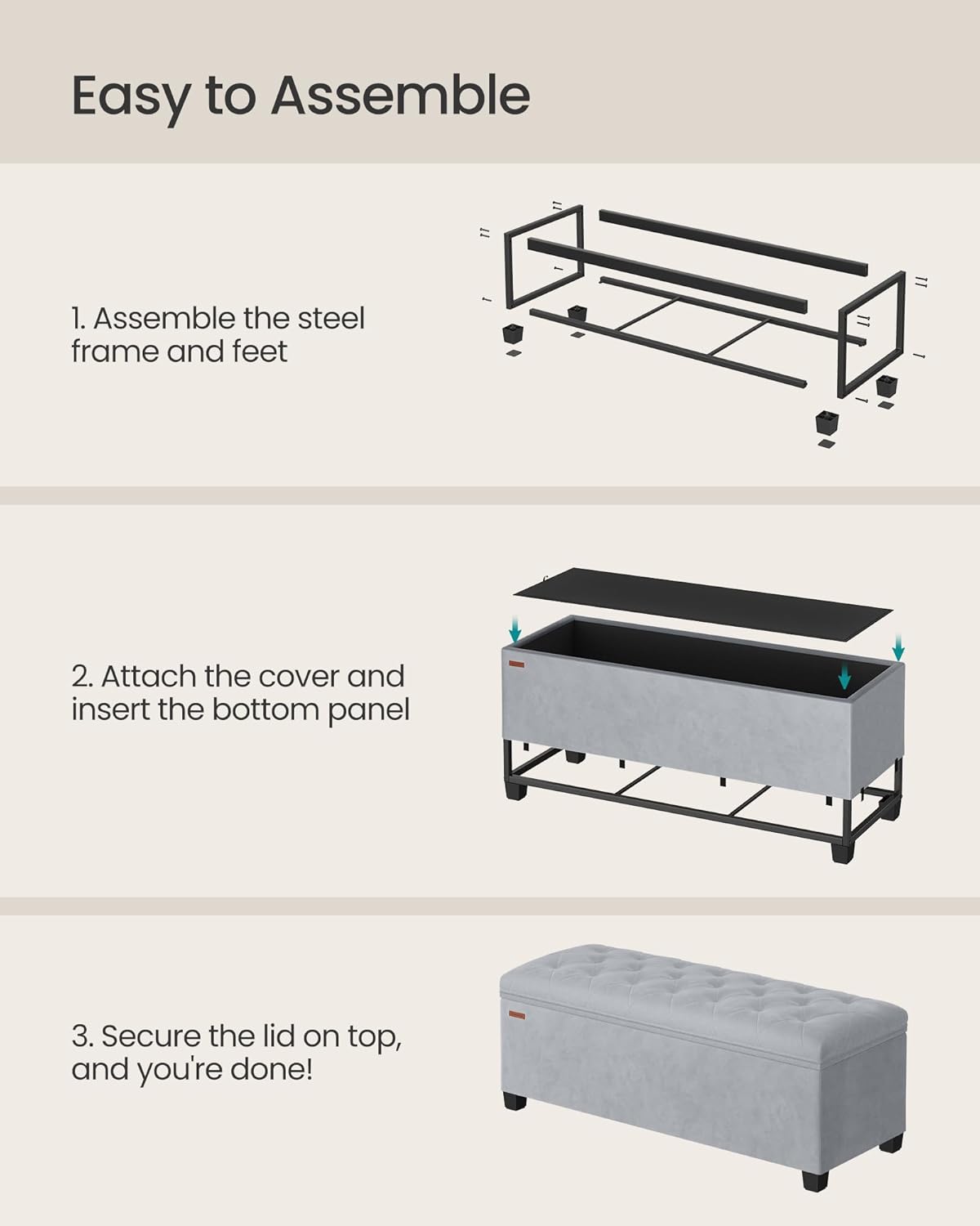 SONGMICS Storage Ottoman Bench, Foot Rest with Legs, 15.7 x 43.3 x 15.7 Inches, End of Bed Bench, Storage Chest, Load up to 660 lb, for Living Room, Bedroom, Entryway, Dark Gray ULSF088G01