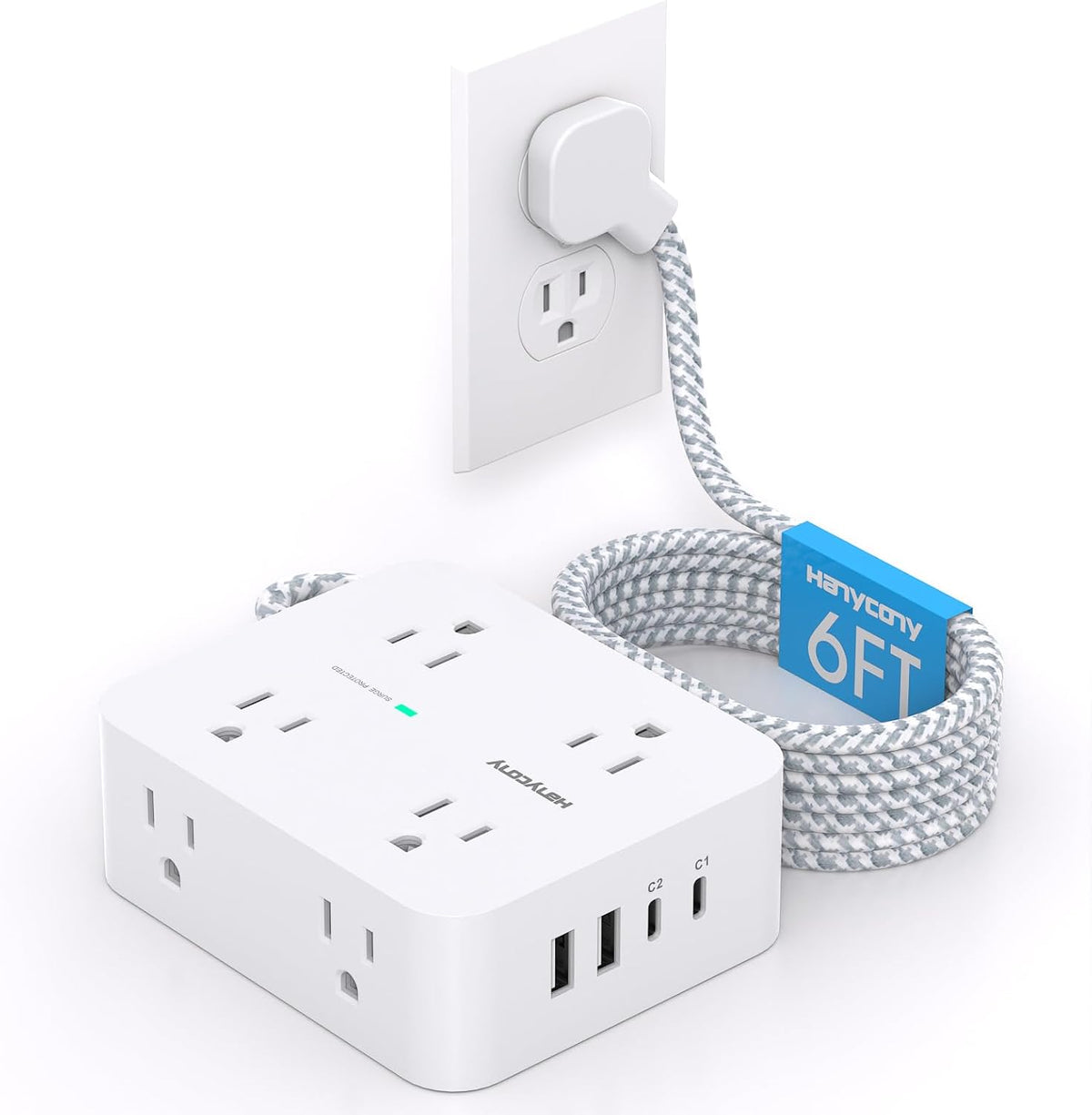 HANYCONY Surge Protector Power Strip, 1080J, 5 Ft Braided Extension Cord