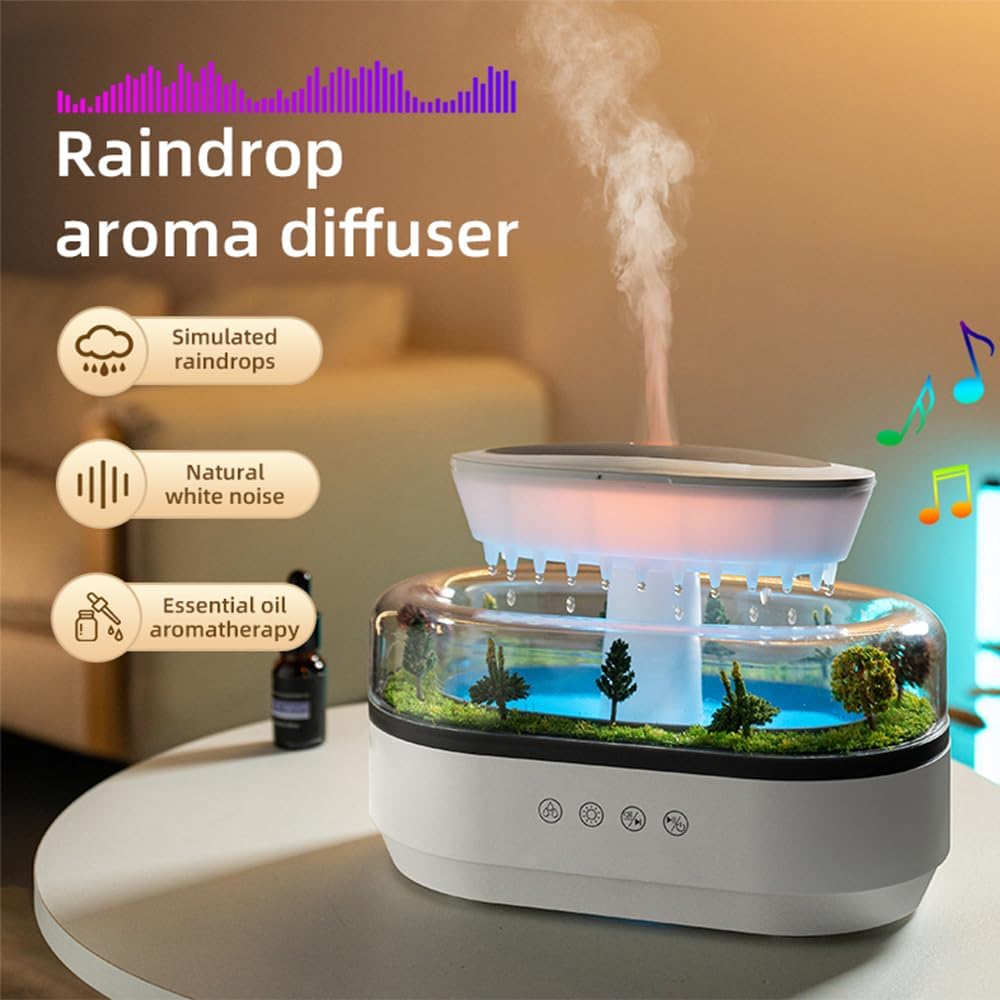 Rain Cloud Aromatherapy Diffuser Air Humidifiers Water Drip,Micro Landscape Essential Oils Ultrasonic Diffuser Flame for Sleeping and Relaxing (white1)