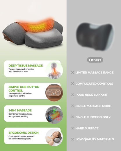 3-in-1 Neck Massager Pillow for Pain Relief Deep Tissue with Heat, Cordless & Rechargeable Massager with Traction for Neck Hump & Shoulder Comfort, Memory Foam Pillow