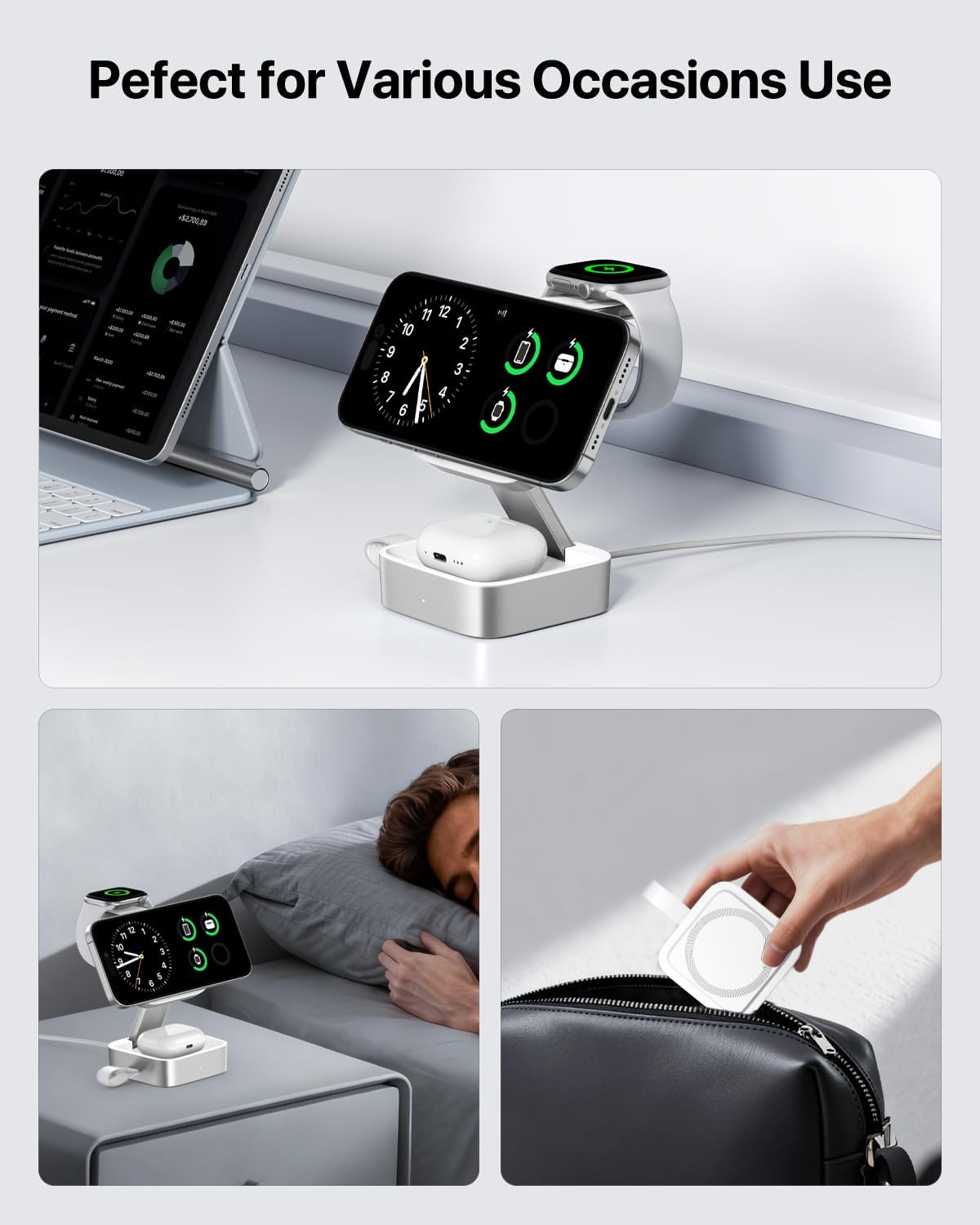3 in 1 Wireless Charging Station for Apple Devices, Magnetic Foldable Travel Fast Charger Stand Compatible with MagSafe for iPhone 18/Air/17/16/15/14/13/12 Series, Apple Watch & AirPods Pro/4/3/2