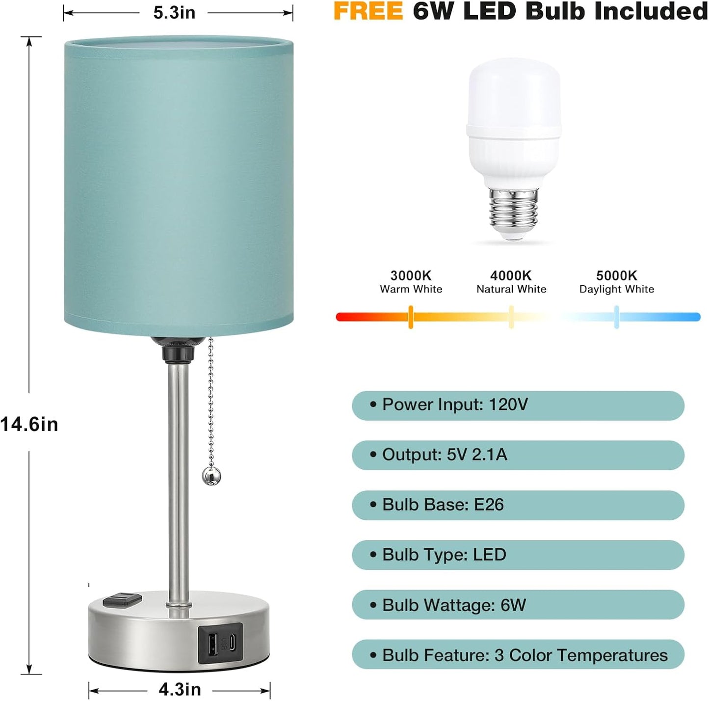 Small Bedside Table lamp for Bedroom - 3 Color Temperatures Bedside Lamps with USB C and A Ports, Pull Chain Table Lamps with AC Outlet, White Nightstand Lamps with Black Metal Base for Kids Reading
