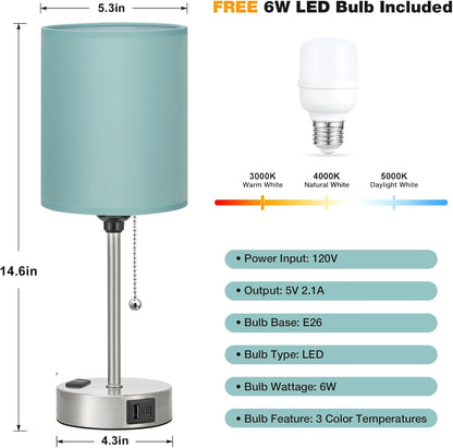 Small Bedside Table lamp for Bedroom - 3 Color Temperatures Bedside Lamps with USB C and A Ports, Pull Chain Table Lamps with AC Outlet, White Nightstand Lamps with Black Metal Base for Kids Reading