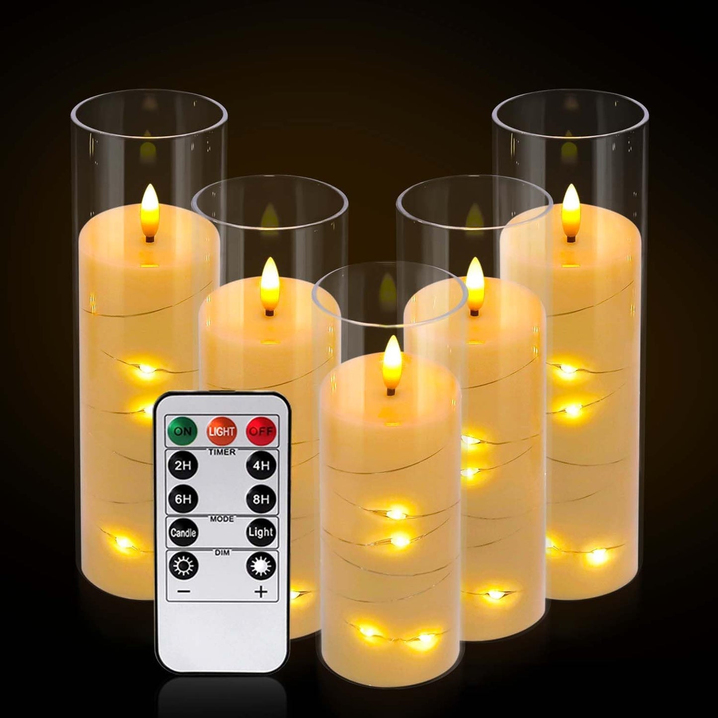 24 Pcs LED Flameless Candles with Remote, 3D Flickering Flame & LED String Lights, Acrylic Clear Cylinder, Timer Function, Romantic Ambience for Home Decor, Party, Wedding (Ivory).