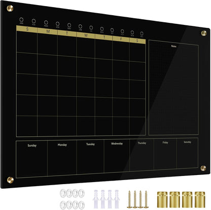 Black Glass 3-1 Monthly Dry Erase Calendar Whiteboard for Wall,24"x 36",Frameless Mounting,Office/School/Home, Frameless Large Planner White Board