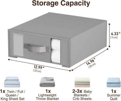 DIMJ Bed Sheet Organizers and Storage - Foldable Sheet Holder, Linen Closet Organizer Box for Sheets Set, Bedding, Blankets, Towel (King & Queen Size), Grey