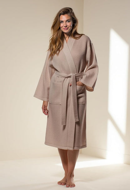 Turquaz Lightweight Waffle Knit Kimono Bathrobe - Soft Cotton Blend Spa Robe, Fast-Drying Full-Length Unisex Robes for Women