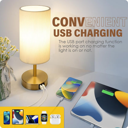 Yarra-Decor Bedside Lamps with USB Port - Touch Control Table Lamp for Bedroom Wood 3 Way Dimmable Nightstand Lamp Set of 2 with Round Flaxen Fabric Shade for Living Room, Dorm, Home Office (2 Pack)