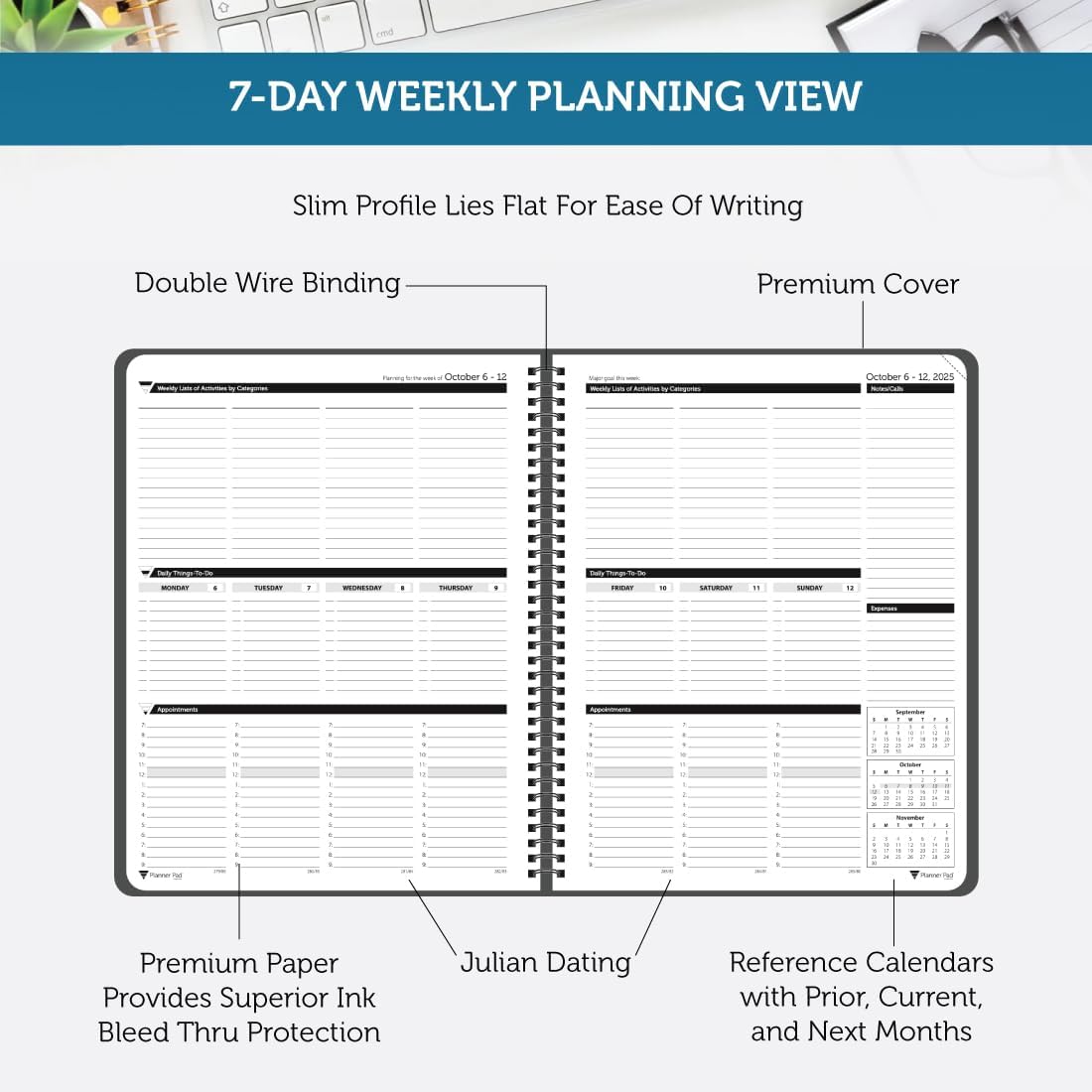 Planner Pad Spiral Bound July 2026 – June 2027 / Academic Year 8 1/2" x 11" Large 3-Tier Funnel Down 12 Month/Weekly Size Organizer, Greenish Grey Cover/Soft Green Ink