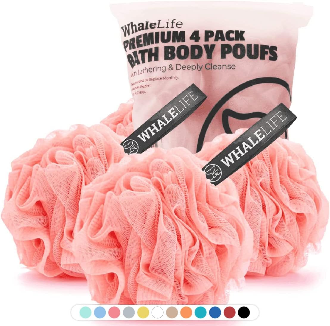 WhaleLife Loofah Bath Sponges - Black Gentle Exfoliating Shower Loofah for Rich Lather, Durable Mesh Body Scrubber for Men & Women 4 Pack