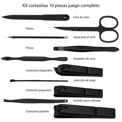Glamne Manicure Set Nail Clippers Kit Professional Stainless Steel Nail Care Tools with Leather Travel Case 10 in 1 Black