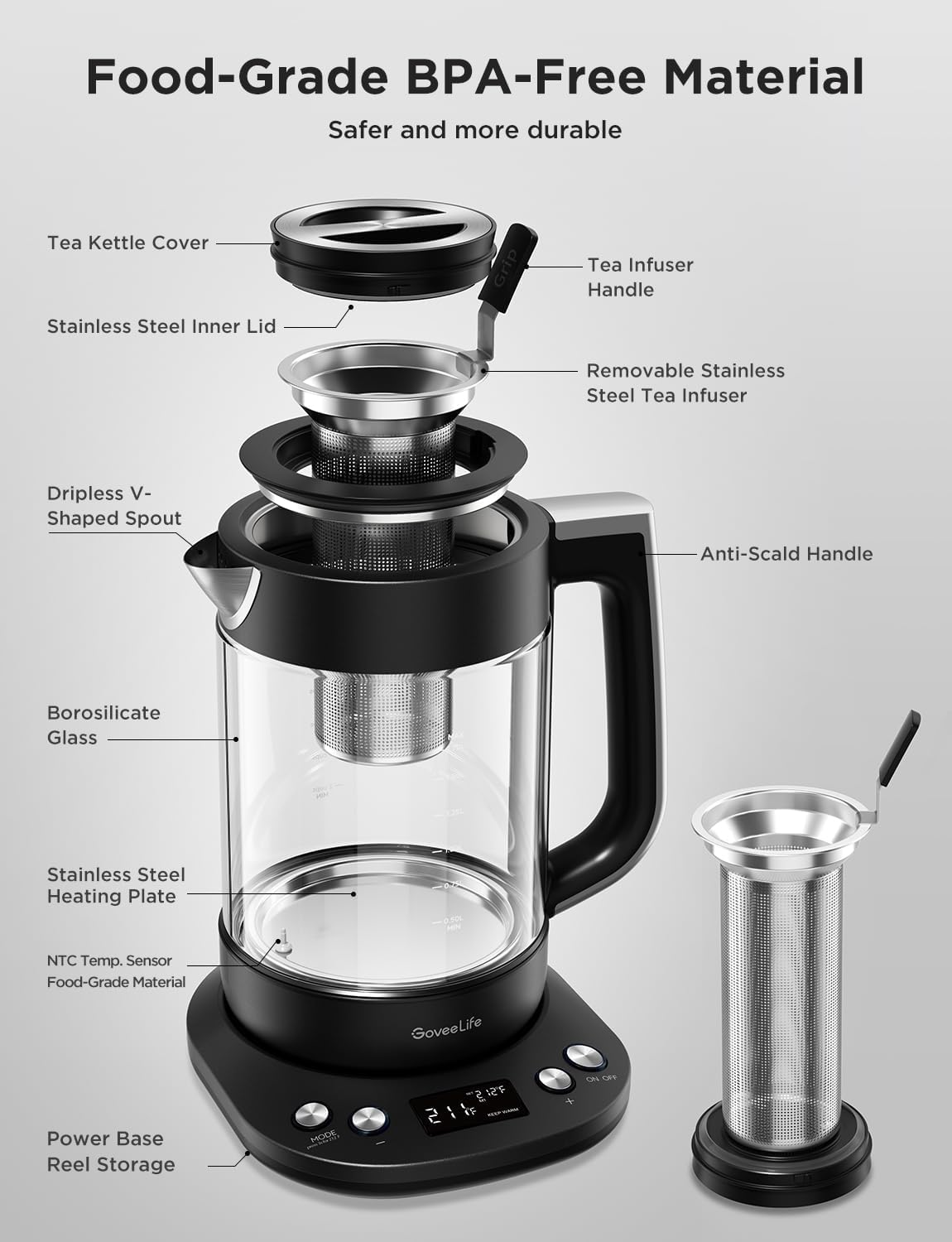 GoveeLife Smart Electric Kettle, Tea Infuser for Loose Leaf, 1.7L Silver