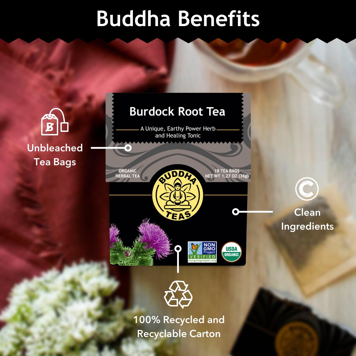 Buddha Teas Organic Burdock Root Tea - Herbal Tea, Caffeine Free