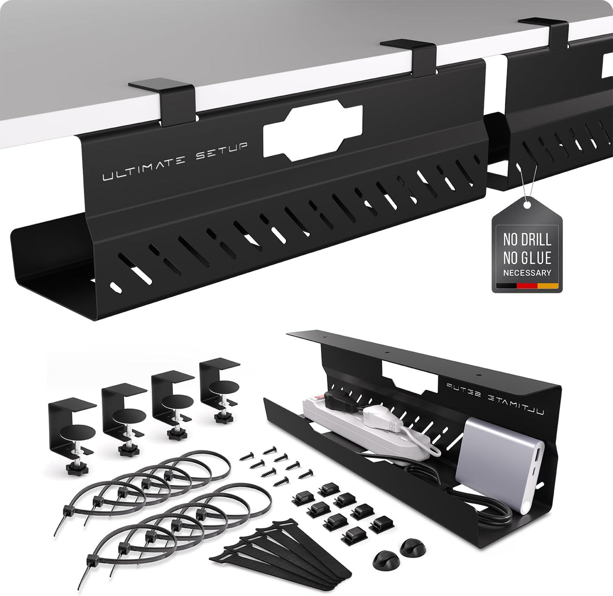 Under Desk Cable Management Tray no Drill – Wire Management - Cord Organizer – Huge Load Capacity – Under Desk Cable Tray no Drill (Black)