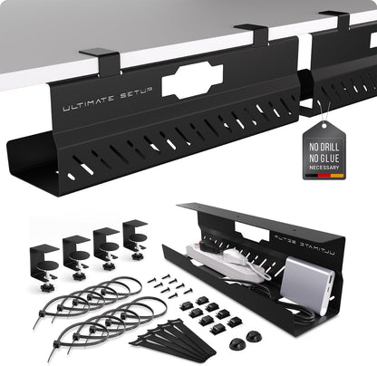Under Desk Cable Management Tray no Drill – Wire Management - Cord Organizer – Huge Load Capacity – Under Desk Cable Tray no Drill (Black)