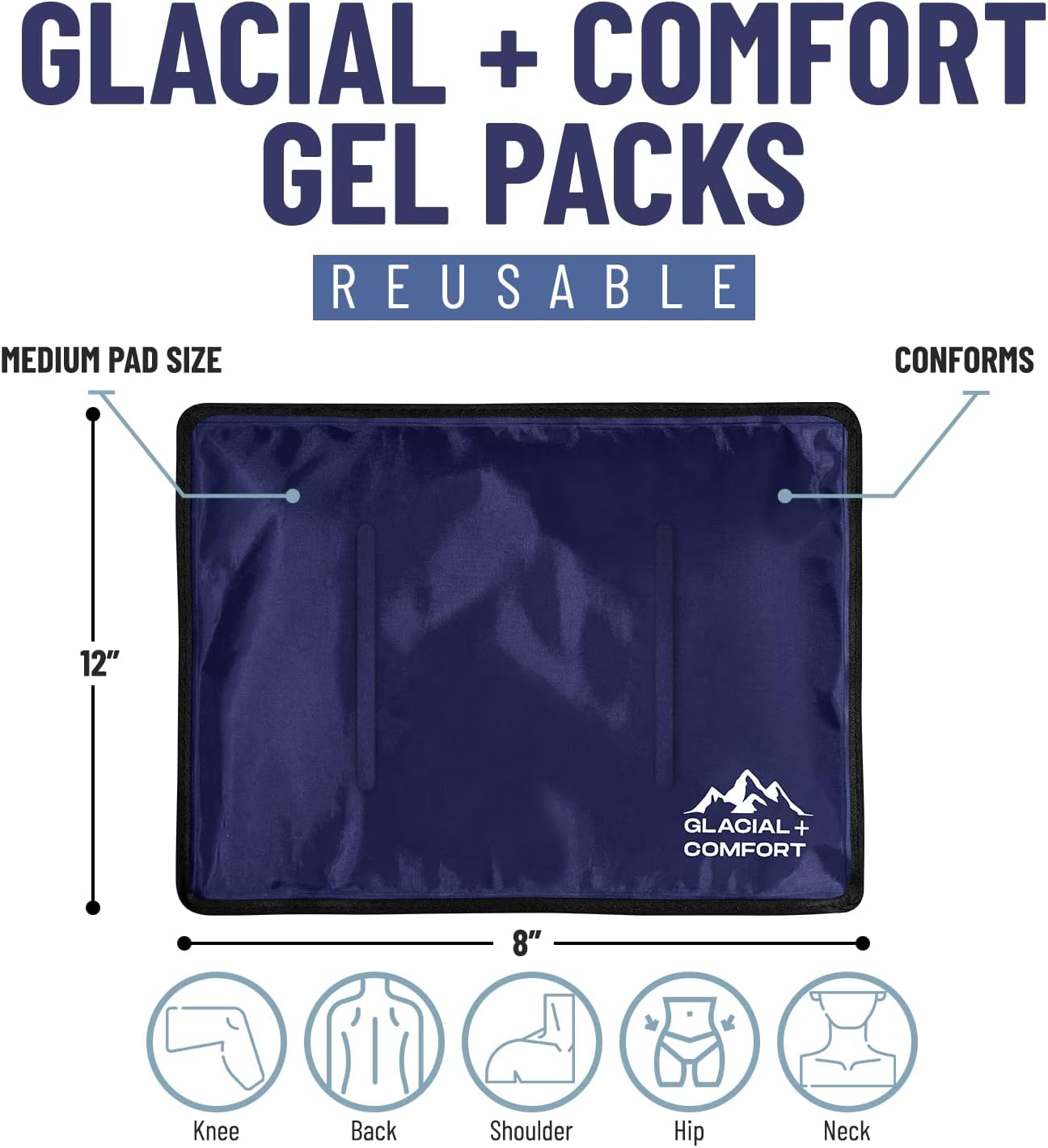 Glacial Comfort Large Gel Ice Pack for Injuries Reusable - (15" x 11") Cold Pads for Back Pain, Hip, Knee, Shoulder, Muscle Strains, Migraine & Postpartum Recovery, Flex Technology - Compression Pad.