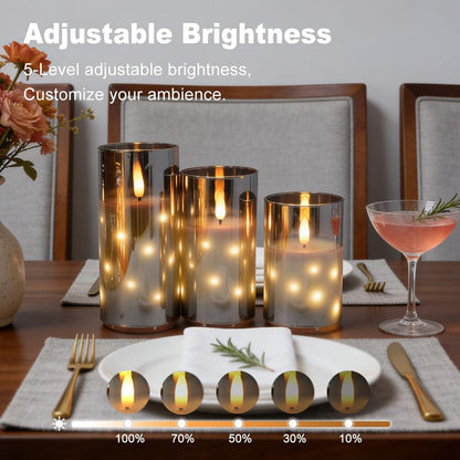 LEDHOLYT Rechargeable Flameless Glass Pillar Candles–Gifts for Women,–Set of 3, Realistic Flickering LED Flame,Remote & Timer, Ideal for Living Room, Bedroom & Halloween Festival Home Party Decor