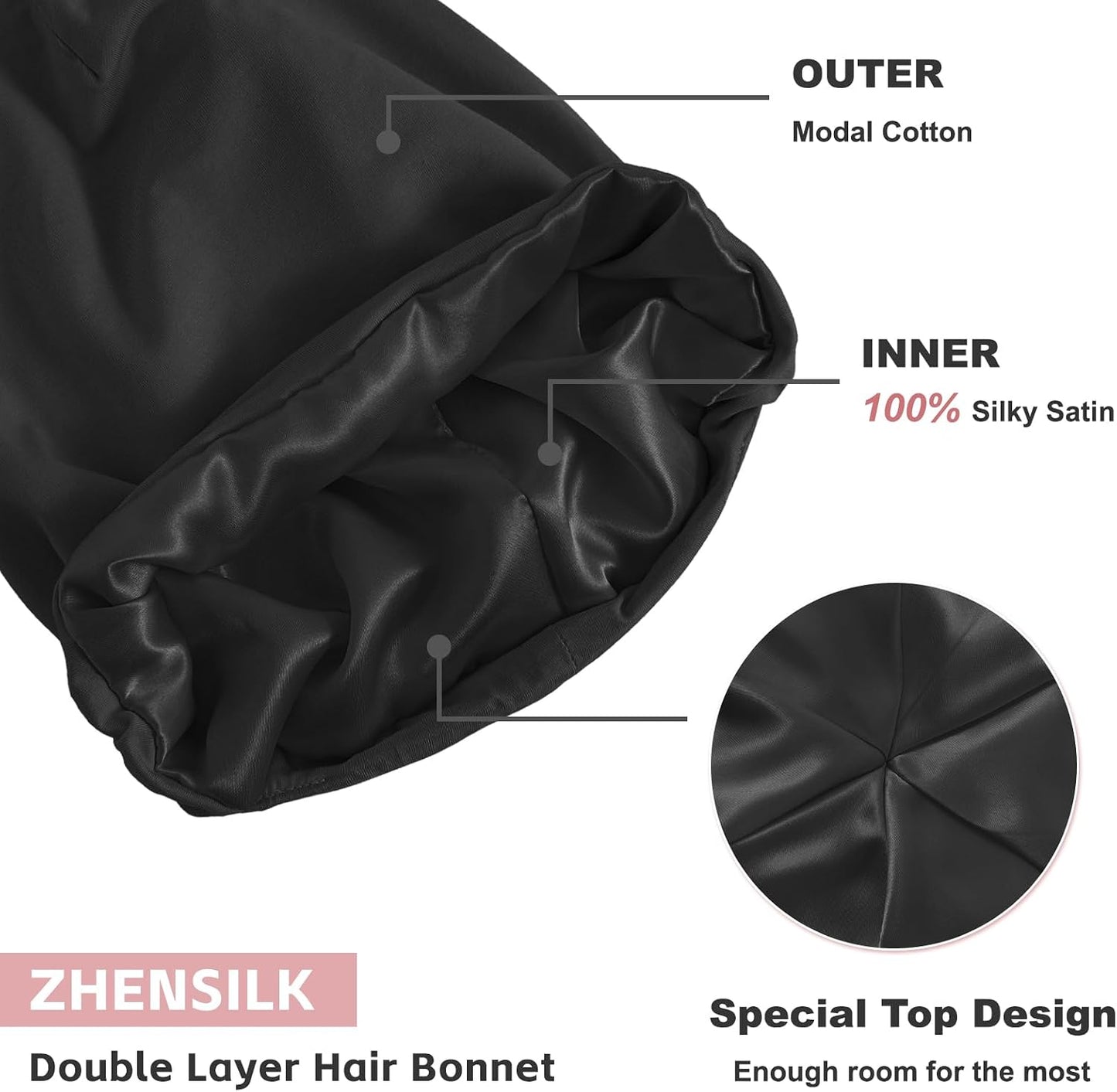 ZHENSILK Silk Bonnet for Sleeping Women, Adjustable Silky Satin Lined Sleep Cap, Silk Hair Wrap Slouch Beanie Hat
