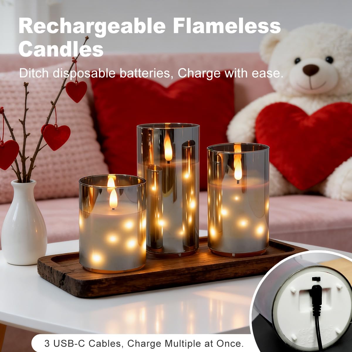 LEDHOLYT Rechargeable Flameless Glass Pillar Candles–Gifts for Women,–Set of 3, Realistic Flickering LED Flame,Remote & Timer, Ideal for Living Room, Bedroom & Halloween Festival Home Party Decor