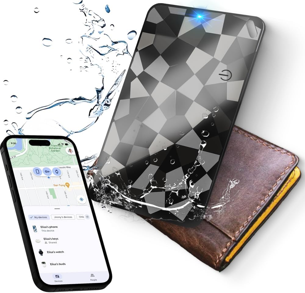 Wallet Tracker Card (iOS & Android), Ultra-Thin Bluetooth Smart Card Tracking Card Item Tracker Work with Apple Find My & Google Find Hub, IPX4 Rechargeable GPS Tracker for Wallet Passport Keys