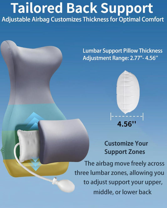 27.7'' Adjustable Airbag Full Back Lumbar Support Pillow, Back Pain Relief | High Memory Foam Lumbar Cushion for Office Chair Upper Lower Back Pain Relief, Improves Posture for Desk, Gaming Chair, Couch