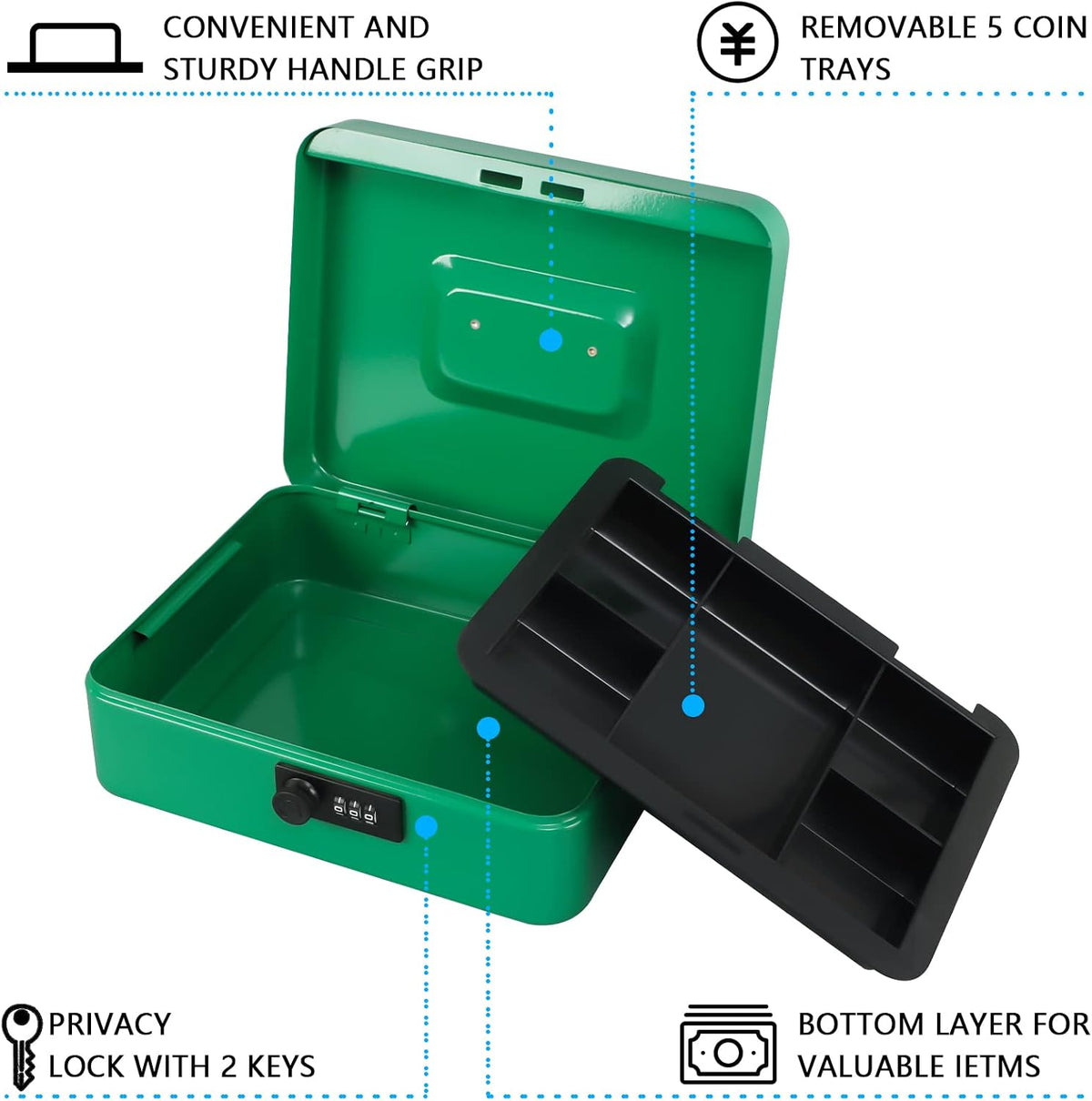 KYODOLED Small Cash Box with Combination Lock & Removable Money Tray, Black