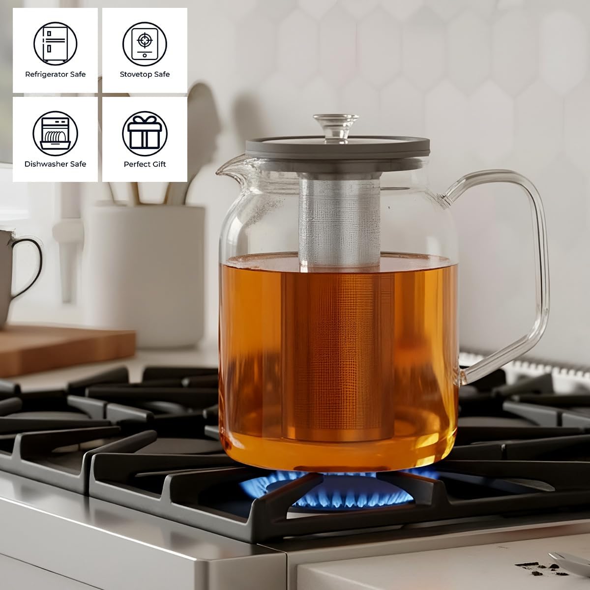 Aquach 68oz Glass Teapot Stovetop Safe with Loose Leaf Tea Steeper | Dishwasher Safe, Borosilicate Glass, Plastic-free, 68oz Family Capacity, Easy-clean Opening, Refrigerator Friendly