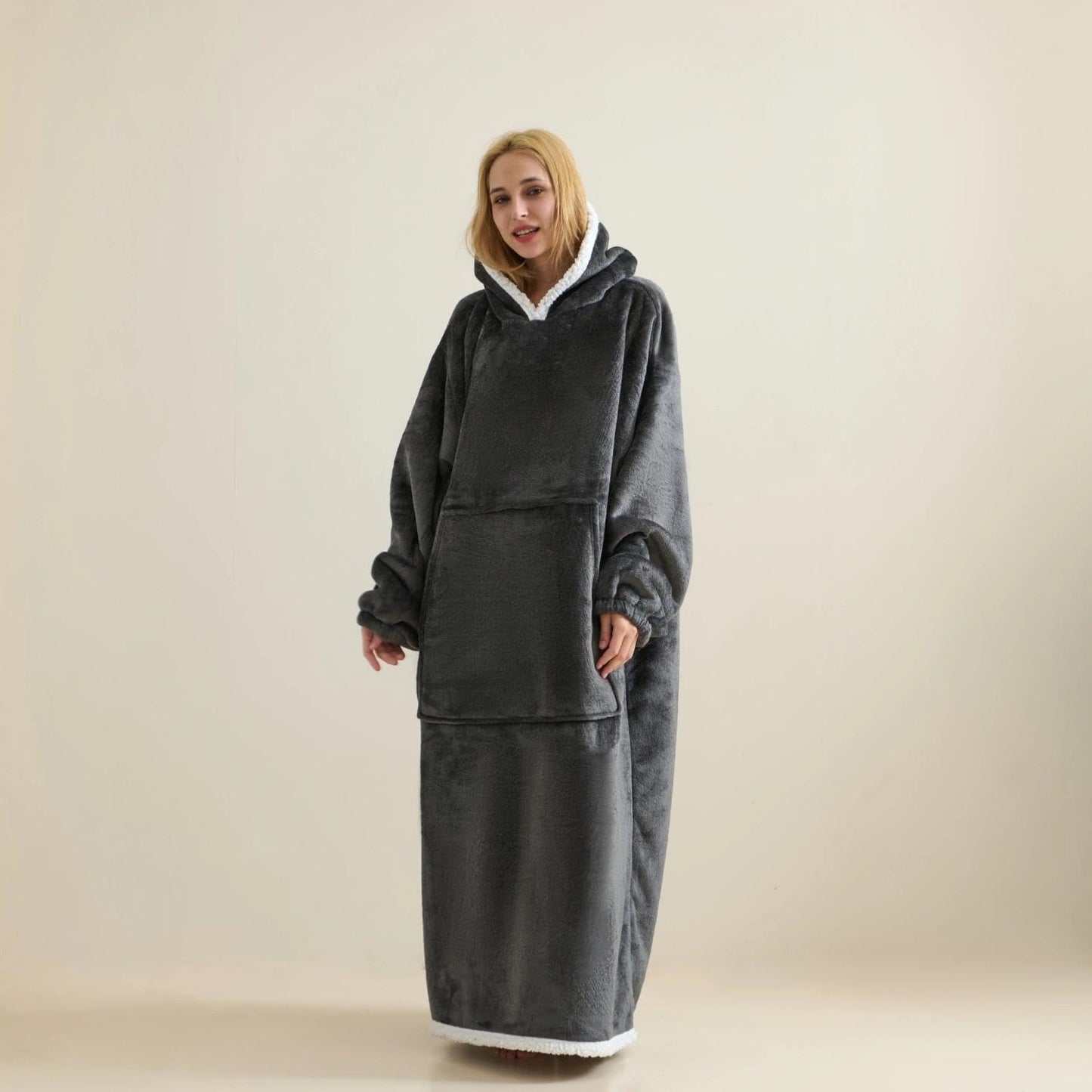 Wearable Blanket Sweatshirt Gifts for Women and Men, Warm and Cozy Giant Blanket Hoodie, Thick Flannel Blankets with Sleeves and Giant Pocket - Light Grey