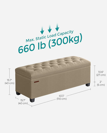 SONGMICS Storage Ottoman Bench, Foot Rest with Legs, 15.7 x 43.3 x 15.7 Inches, End of Bed Bench, Storage Chest, Load up to 660 lb, for Living Room, Bedroom, Entryway, Dark Gray ULSF088G01