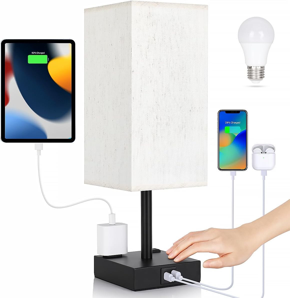 Bedside Table Lamp for Bedroom - Touch Small Lamp with USB C+A Charging Ports & AC Outlets, 3 Way Dimmable Nightstand Light for Living Room (LED Bulb Included, Grey)